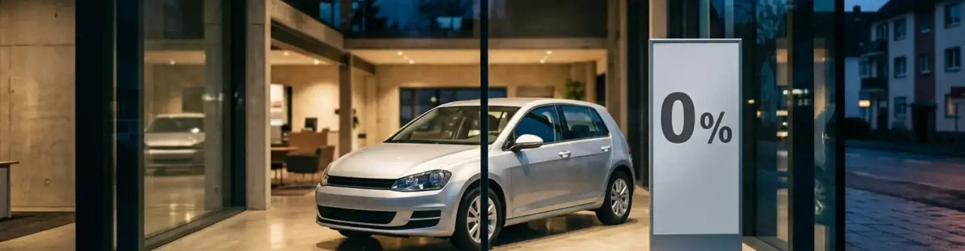 Autohaus-Schaufenster mit einem Aktionsschild für eine Null-Prozent-Finanzierung neben einem Neuwagen