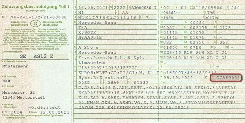 Zulassungsbescheinigung Teil 1 mit Dokumentennummer in Feld 16 als Beispiel