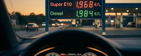 Tankstellen-Preisanzeige mit E10 1,968 EUR und Diesel 1,984 EUR und Cockpit-Tageskilometerzaehler 580 km