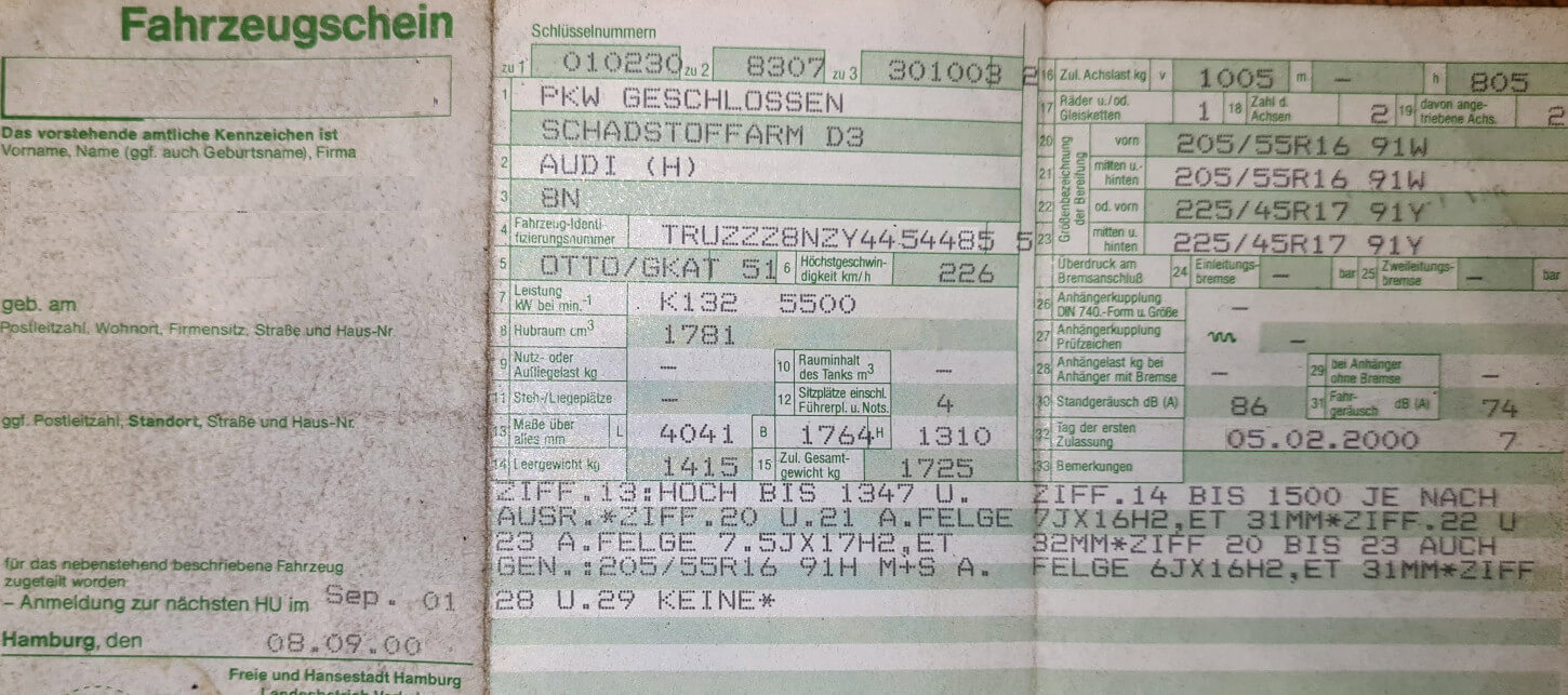 Alter deutscher Fahrzeugschein (bis 2005)