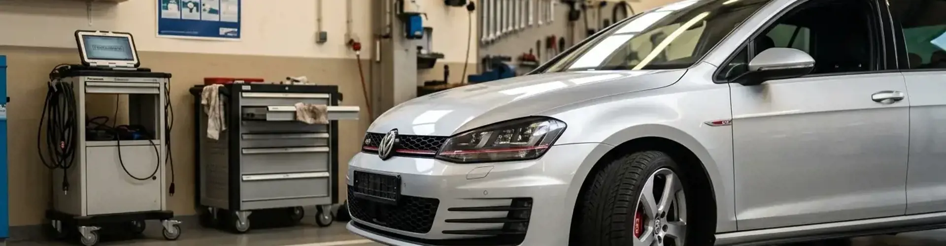 Kompakter Hatchback im Stil eines VW Golf in dezenter Studio-Aufnahme als Sinnbild für den Gebrauchtwagen-Check.