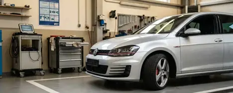 Kompakter Hatchback im Stil eines VW Golf in dezenter Studio-Aufnahme als Sinnbild für den Gebrauchtwagen-Check.
