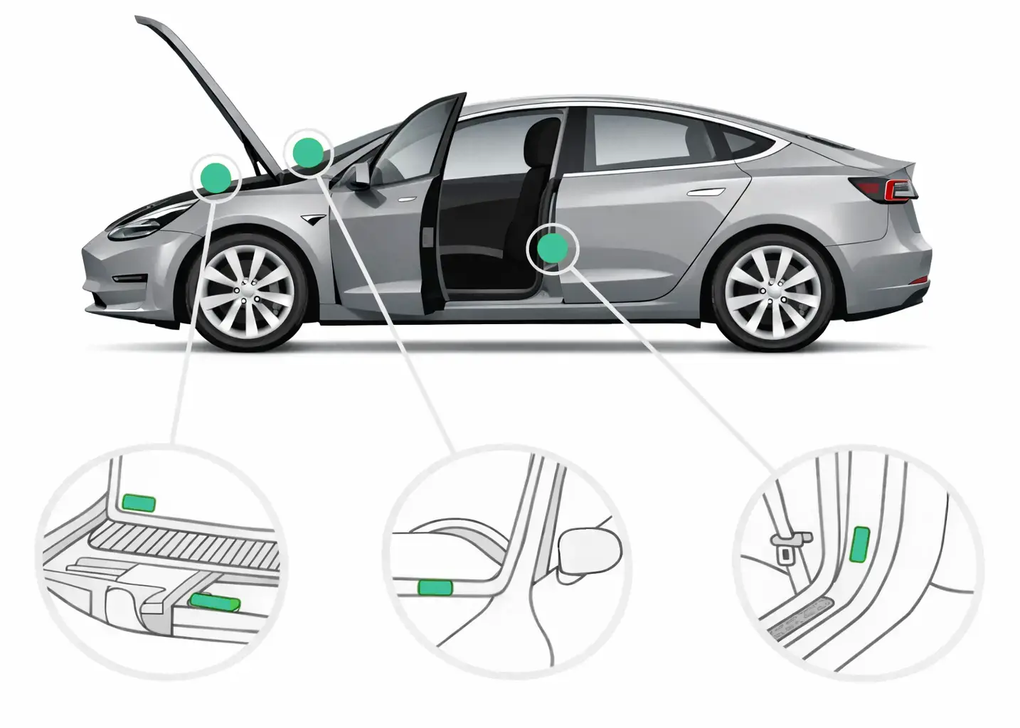 Infografik eines silbernen Pkw mit drei markierten VIN-Fundorten: Motorraum, Windschutzscheibe und Türrahmen B-Säule