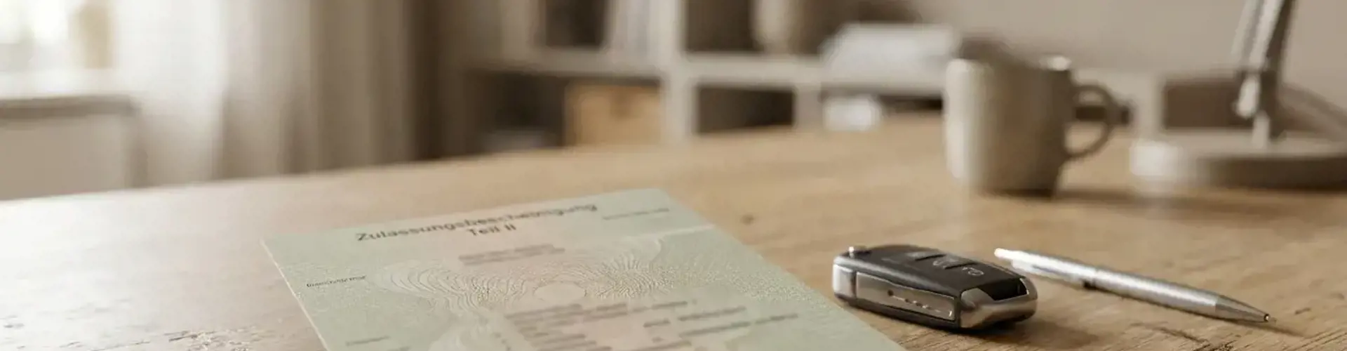 Zulassungsbescheinigung Teil II (Fahrzeugbrief) auf einem Schreibtisch neben Autoschlüssel und Stift