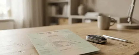 Zulassungsbescheinigung Teil II (Fahrzeugbrief) auf einem Schreibtisch neben Autoschlüssel und Stift