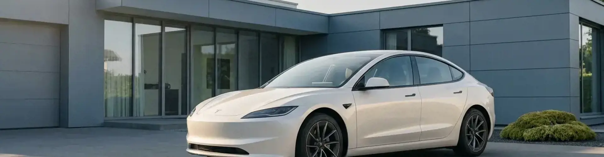 Weißer Tesla Model 3 im Seitenprofil im Tageslicht auf einer ruhigen Strasse