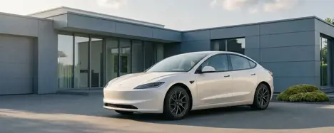 Weißer Tesla Model 3 im Seitenprofil im Tageslicht auf einer ruhigen Strasse