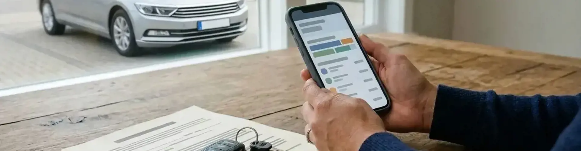 Hände halten ein Smartphone mit Banking-App, daneben Autoschlüssel und Kaufvertrag, im Hintergrund ein Gebrauchtwagen