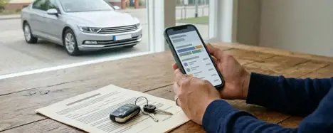 Hände halten ein Smartphone mit Banking-App, daneben Autoschlüssel und Kaufvertrag, im Hintergrund ein Gebrauchtwagen