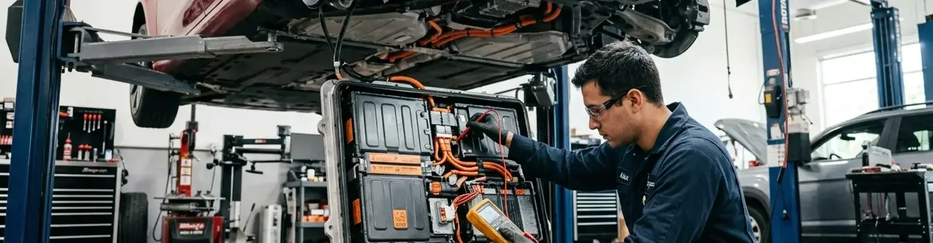 Mechaniker prüft Hochvoltbatterie eines Elektroautos auf einer Werkstatt-Hebebühne im Rahmen einer Rückrufaktion 2026