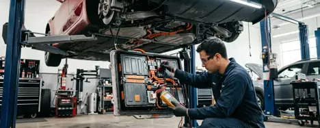 Mechaniker prüft Hochvoltbatterie eines Elektroautos auf einer Werkstatt-Hebebühne im Rahmen einer Rückrufaktion 2026