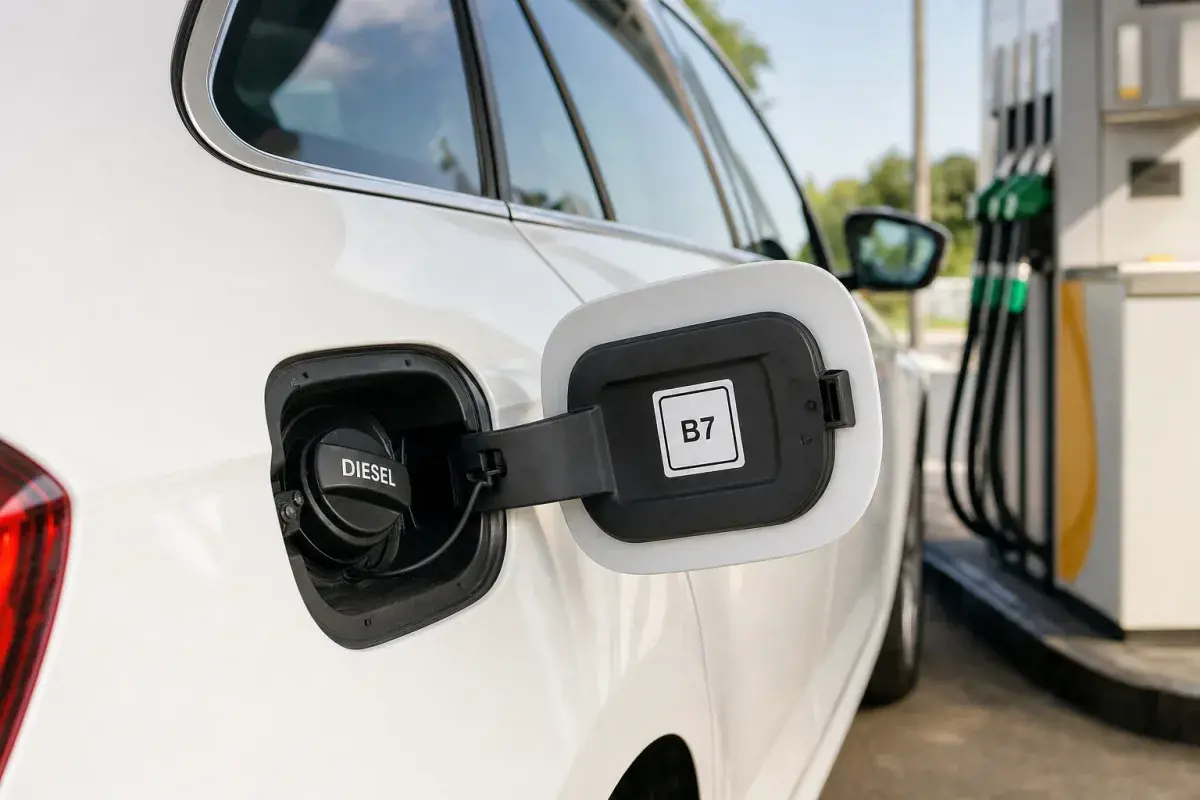 Geöffnete Tankklappe eines Diesels mit quadratischem B7-Aufkleber, der Tankdeckel trägt die Aufschrift DIESEL.