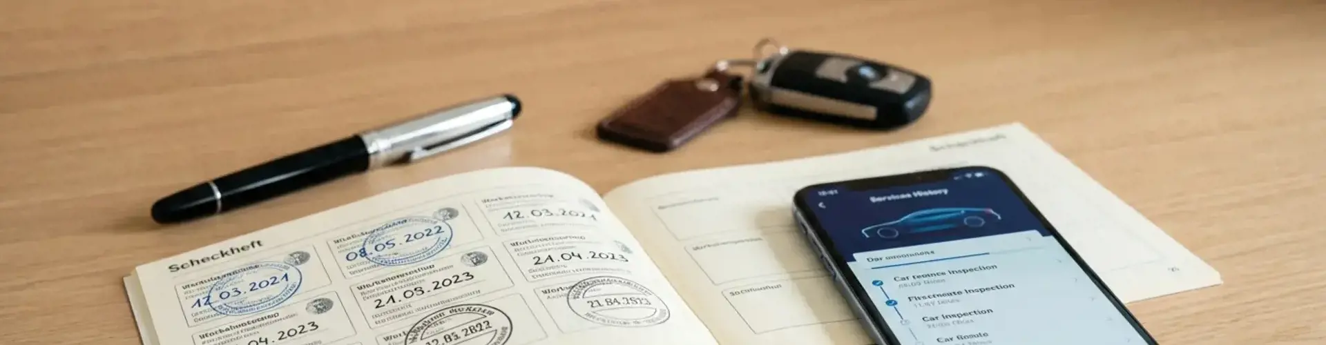 Geöffnetes Scheckheft mit Werkstattstempeln, Smartphone-App, Autoschlüssel und Füller auf Holzschreibtisch