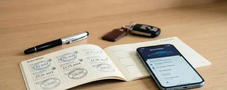 Geöffnetes Scheckheft mit Werkstattstempeln, Smartphone-App, Autoschlüssel und Füller auf Holzschreibtisch