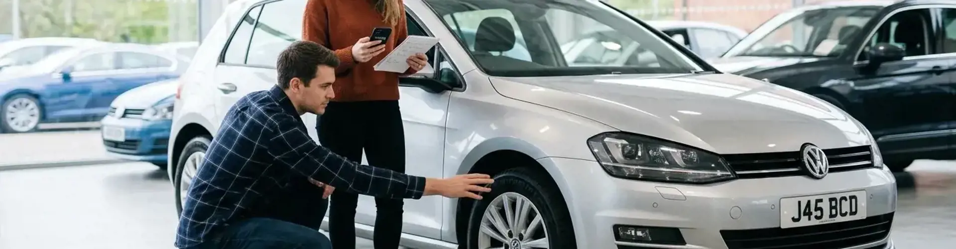 Junges Paar prüft Gebrauchtwagen im Showroom: Reifenprofil und digitale Checkliste