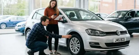 Junges Paar prüft Gebrauchtwagen im Showroom: Reifenprofil und digitale Checkliste