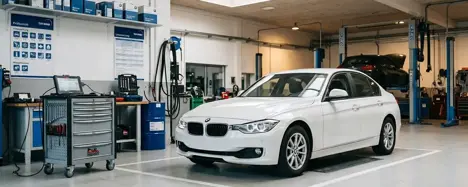 Kompakte Sportlimousine im Stil eines BMW 3er in dezenter Studio-Aufnahme als Sinnbild für den Gebrauchtwagen-Check.