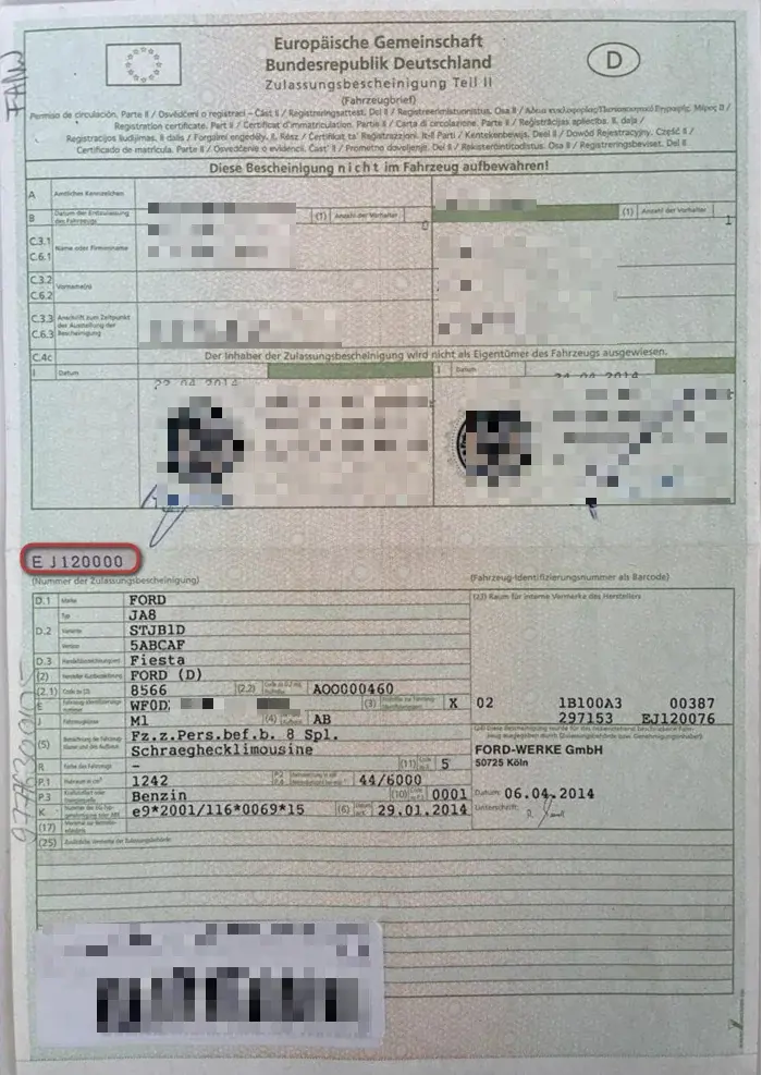 Zulassungsbescheinigung Teil 2 mit Nummer EJ120000 als Beispiel f&uuml;r die Dokumentennummer oben unter den Stempeln