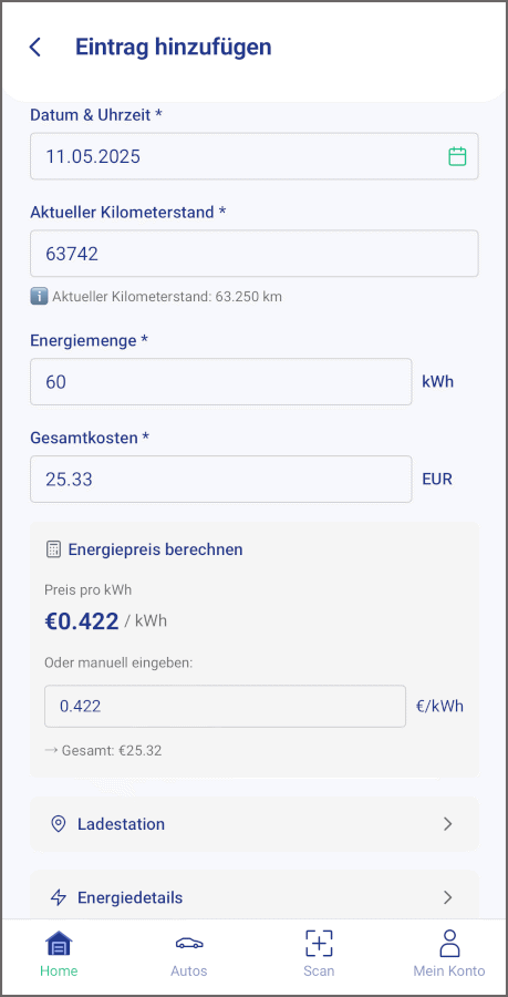 Eingabemaske Elektrofahrzeug