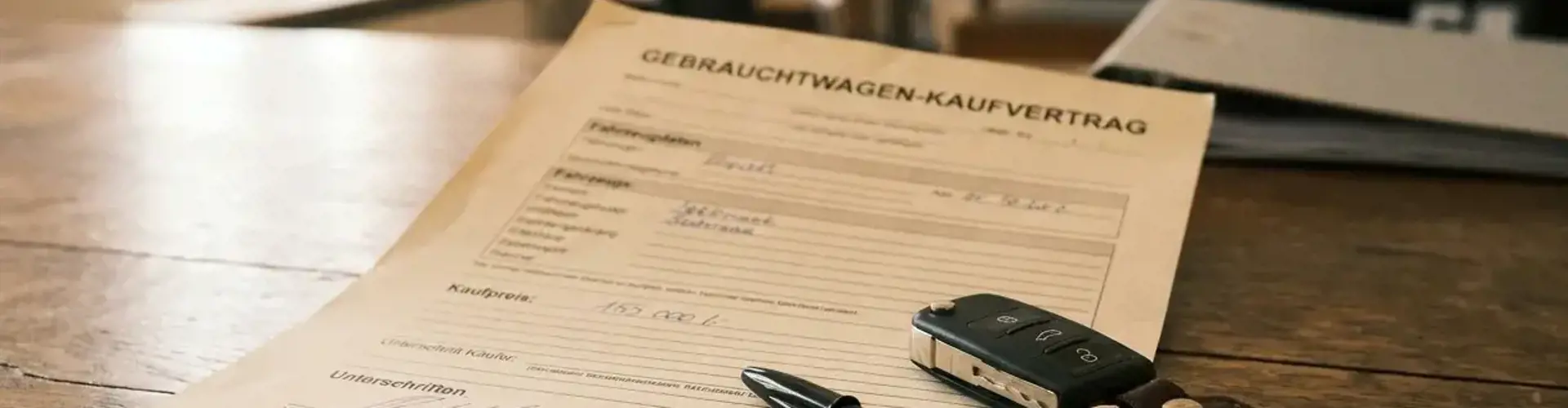 Unterzeichneter Gebrauchtwagen-Kaufvertrag mit Stift und Autoschlüssel auf Holztisch in einem Büroumfeld