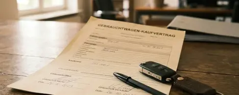 Unterzeichneter Gebrauchtwagen-Kaufvertrag mit Stift und Autoschlüssel auf Holztisch in einem Büroumfeld