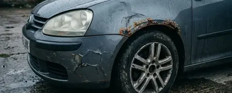 Gebrauchtwagen mit Rost und abblätterndem Lack bei Regen