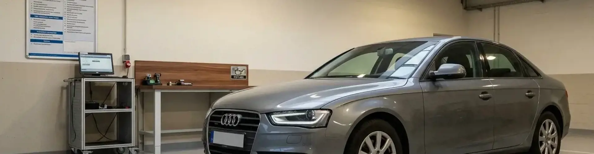 Audi A4 B8 in Werkstatt mit TÜV-Plakette und Diagnose-Tool - Audi-A4-Gebrauchtwagen-Check Symbolbild.