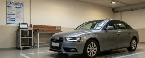 Audi A4 B8 in Werkstatt mit TÜV-Plakette und Diagnose-Tool - Audi-A4-Gebrauchtwagen-Check Symbolbild.
