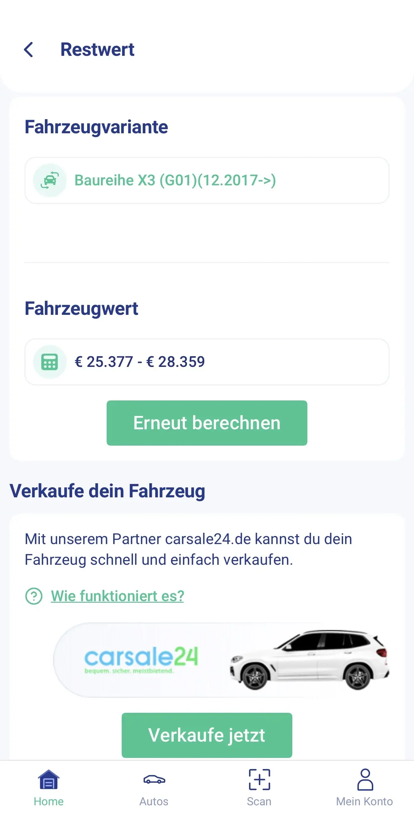 Restwertermittlung eines BMW X3 in der Fahrzeugschein-App mit Fahrzeugwert zwischen 25.377 und 28.359 Euro