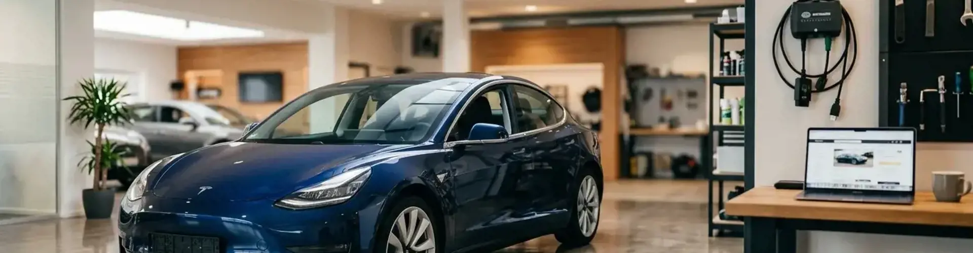 Tesla Model 3 in Weiss von schraeg vorne im Tageslicht, urbane Umgebung mit Ladesaeule im Hintergrund