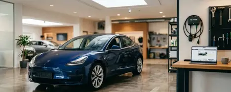 Tesla Model 3 in Weiss von schraeg vorne im Tageslicht, urbane Umgebung mit Ladesaeule im Hintergrund