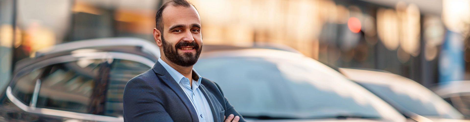 Mann steht vor seinem neu geleasten Auto